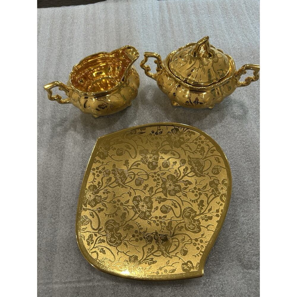Osborne 22 Karat Gold Gilded Porcelain Elaborate Floral Pattern Serving Set
